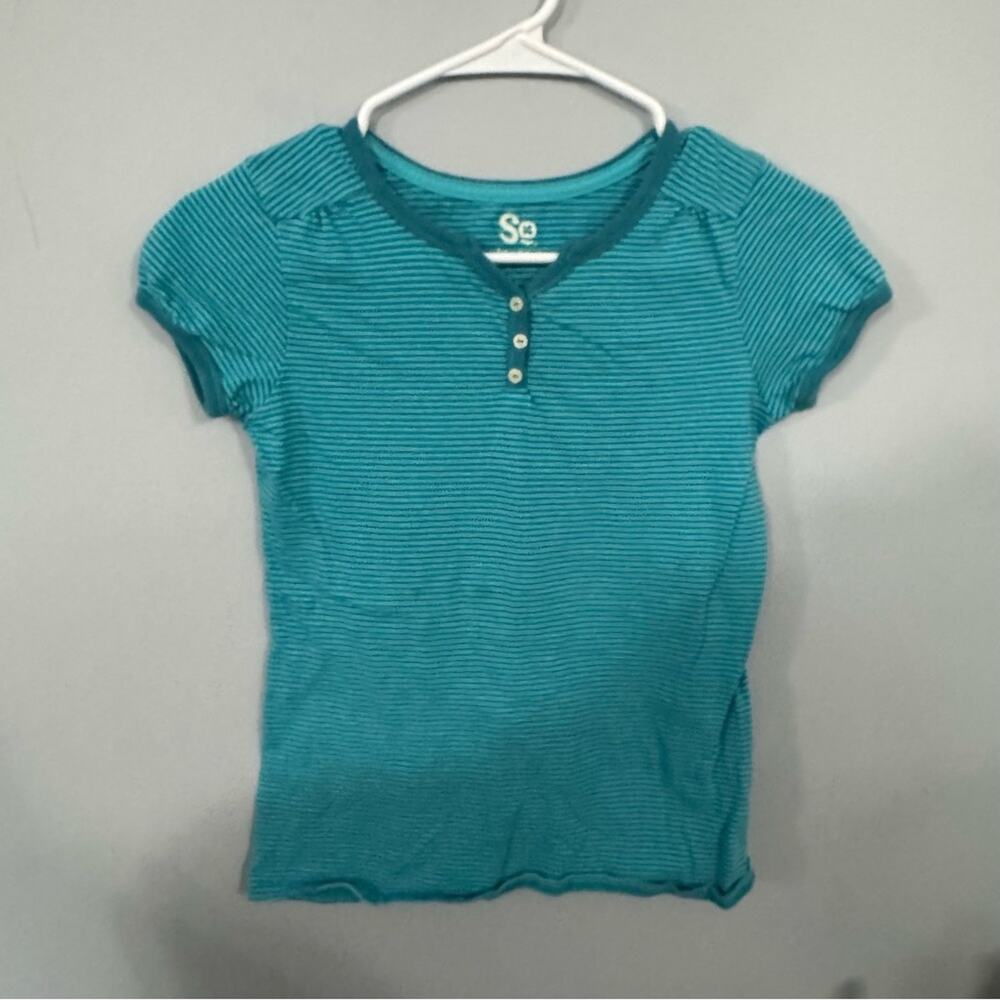 SO Teal Green Blue Striped Short Sleeve Henley Top Girls Size 14 / 100% Cotton